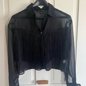 Moa Moa Black Cropped Sheer Fringe Blouse